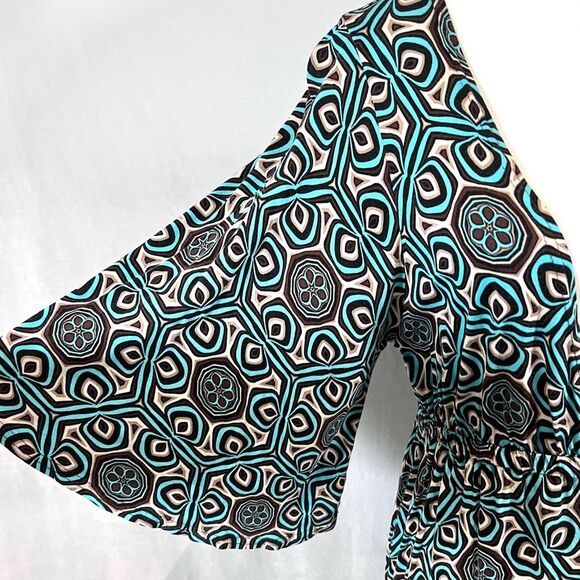 Ivy Jane deep vback aqua and mocha geometric print midi dress size medium - Picture 3 of 4